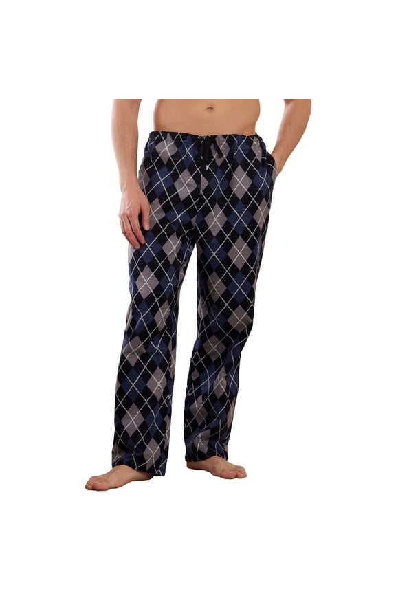 Mens 100% Cotton Pajama Pants, Fleece Plaid Soft PJS Bottoms with Pockets and Button Fly (NAVY RHOMBUS PLAID, L)