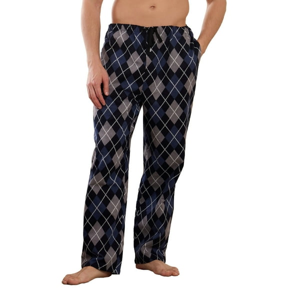 U2SKIIN Mens 100% Cotton Pajama Pants, Fleece Plaid Soft PJS Bottoms with Pockets and Button Fly (NAVY RHOMBUS PLAID, M)