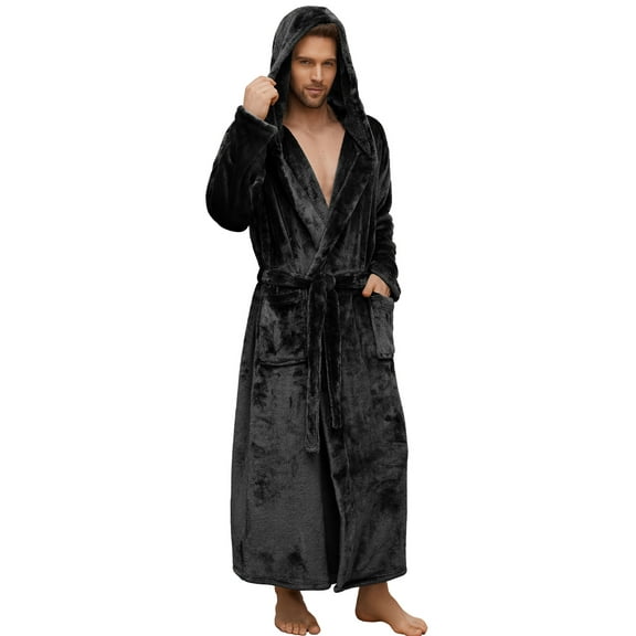 U2SKIIN Mens Big and Tall Robe with Hooded, Full Length Thickened Plush Bathrobe (Black, L/XL)