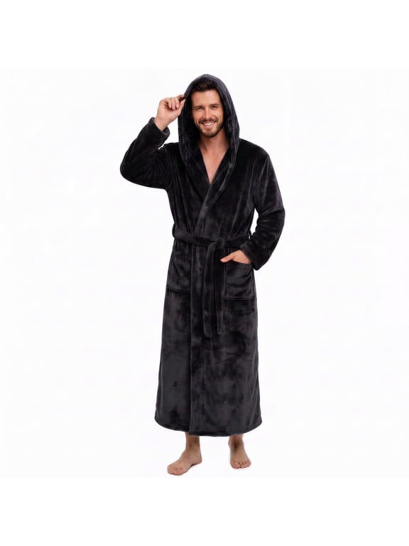 Mens Big and Tall Robe with Hooded, Full Length Thickened Plush Bathrobe (Black, L/XL)