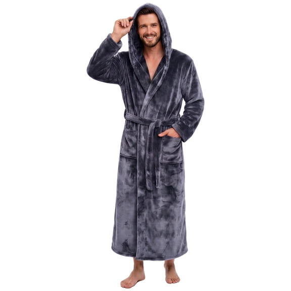 U2SKIIN Mens Big and Tall Robe with Hooded, Full Length Thickened Plush Bathrobe (Dark Grey, L/XL)