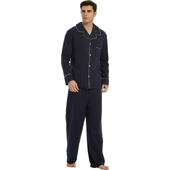 U2SKIIN Mens Button Up Pajama Set 100% Cotton, Soft Lightweight Long Sleeve Sleepwear Pjs Set,(Navy,L)