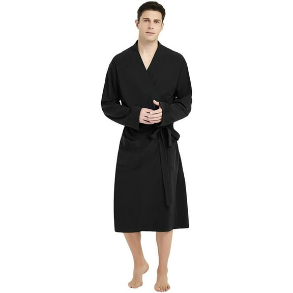 U2SKIIN Mens Cotton Blend Robes, Lightweight Soft Spa Knit Bathrobe for Men,(Black,L/XL)