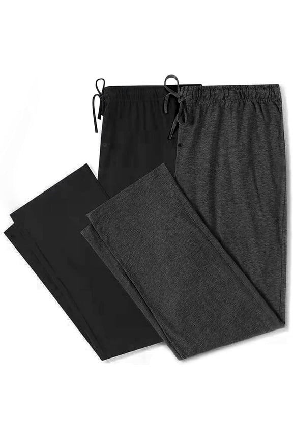 Mens Cotton Pajama Pants, Soft Lightweight Lounge Sleepwear Pj Bottoms with Pockets,(Black/Dark Grey Mel,L)