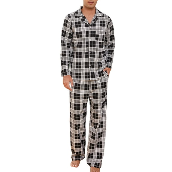 U2SKIIN Mens Plaid Pajama Set, Soft Print Pajamas for Men, Lightweight Warm PJS with Pockets(Black-white plaid, X-Large)