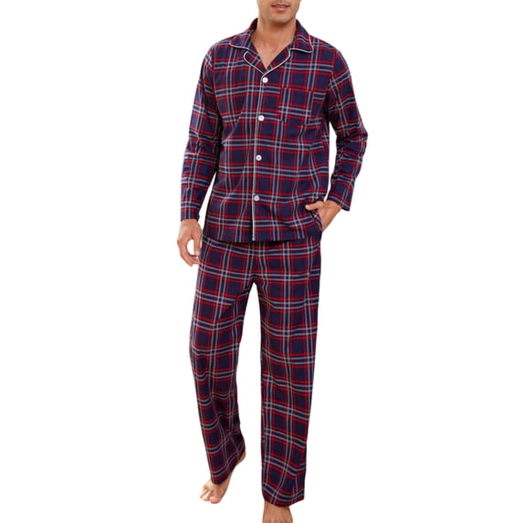 U2SKIIN Mens Plaid Pajama Set, Soft Print Pajamas for Men, Lightweight Warm PJS with Pockets(Navy-red Plaid, Medium)