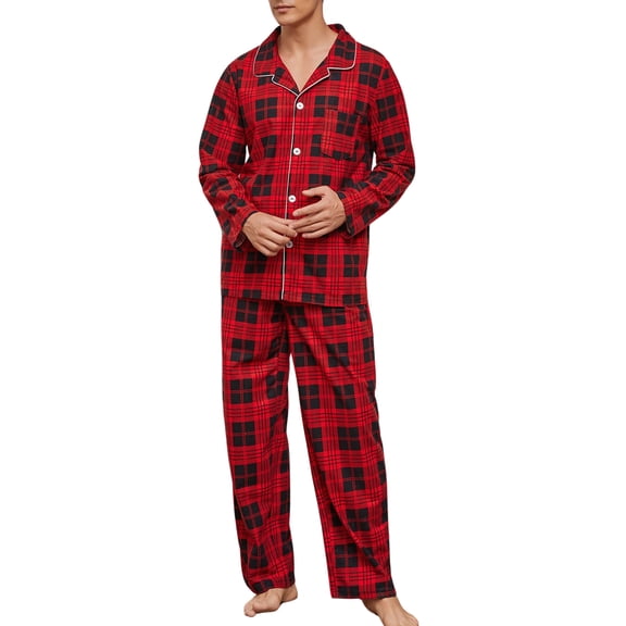 U2SKIIN Mens Plaid Pajama Set, Soft Print Pajamas for Men, Lightweight Warm PJS with Pockets(Red-black Plaid, Medium)