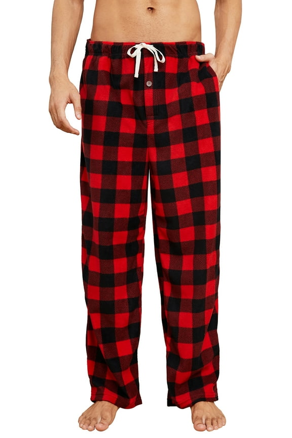 Mens Fleece Pajama Pants, Comfy Plaid Lounge PJ Bottoms with Pockets,(Buffalo Plaid-red,L)