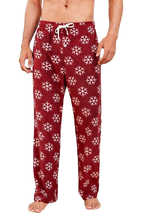 Mens Fleece Pajama Pants, Comfy Plaid Lounge PJ Bottoms with Pockets,(Burgundy-snow,XL)