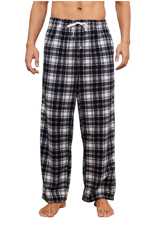 Mens Fleece Pajama Pants, Comfy Plaid Lounge PJ Bottoms with Pockets,(White-black Plaid,L)