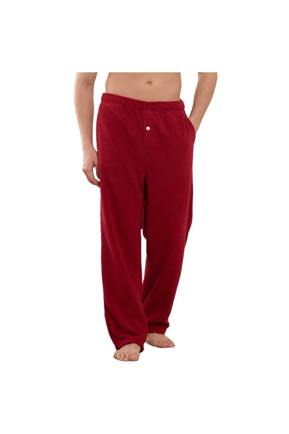 Mens Fleece Pajama Pants, Soft Plush Lounge Bottoms with Pockets and Button Fly Warm Cozy Sleep PJ Pants(BURGUNDY, M)
