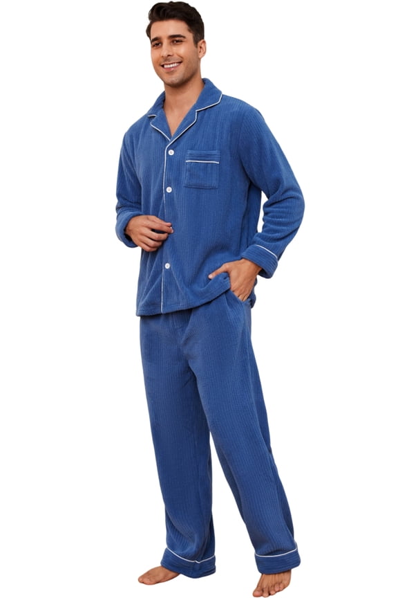 Mens Fleece Pajama Set, Soft Warm Long Sleeve Sleepwear with Pockets Cozy Button-Down Pjs for Men（Royal Blue, S）