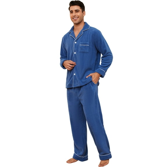 U2SKIIN Mens Fleece Pajama Set, Soft Warm Long Sleeve Sleepwear with Pockets Cozy Button-Down Pjs for Men(Royal Blue, XL)