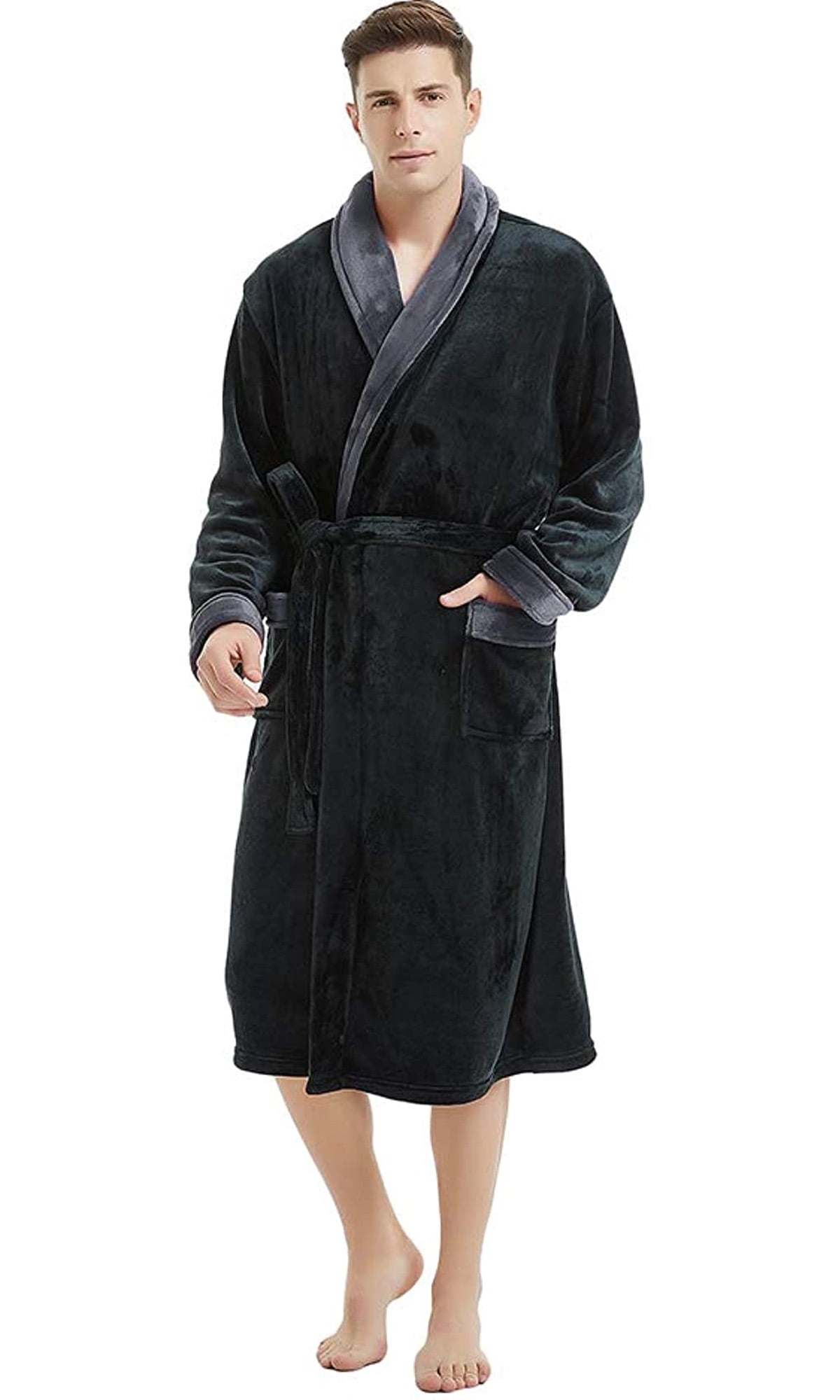 U2SKIIN Mens Fleece Robe, Plush Collar Shawl Bathrobe for Men Long Flannel Robes（Black/Dark Grey
