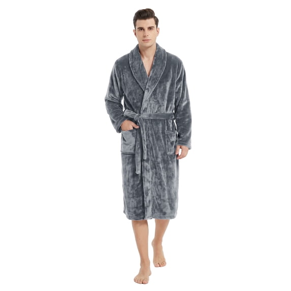 U2SKIIN Mens Fleece Robe, Soft Warm Long Plush Shawl Collar Fleece Bathrobe(Gray, S-M)