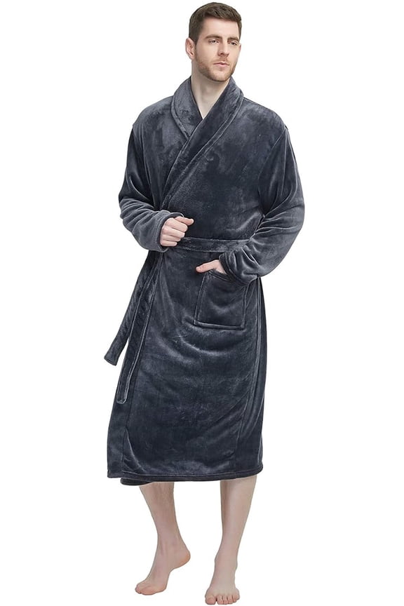 Mens Fleece Robe, Soft Warm Long Plush Shawl Collar Fleece Bathrobe(Gray, S-M)