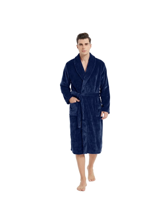 Mens Fleece Robe, Soft Warm Long Plush Shawl Collar Fleece Bathrobe(Navy, L-XL)