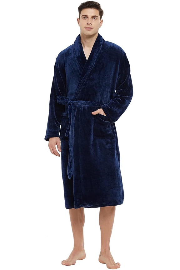 Mens Fleece Robe, Soft Warm Long Plush Shawl Collar Fleece Bathrobe(Navy, S-M)