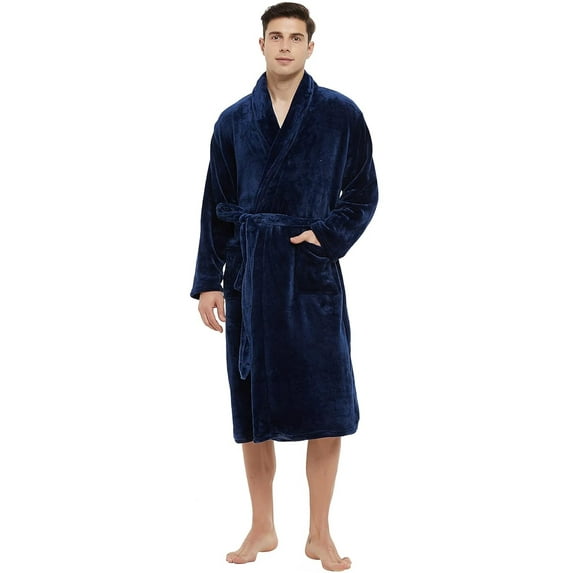 U2SKIIN Mens Fleece Robe, Soft Warm Long Plush Shawl Collar Fleece Bathrobe(Navy, S-M)