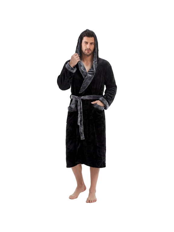 Mens Fleece Robe with Hood, Mid Length Plush Shawl Collar Two Tone Bathrobe,(Black/Dark Grey, 2XL/3XL)
