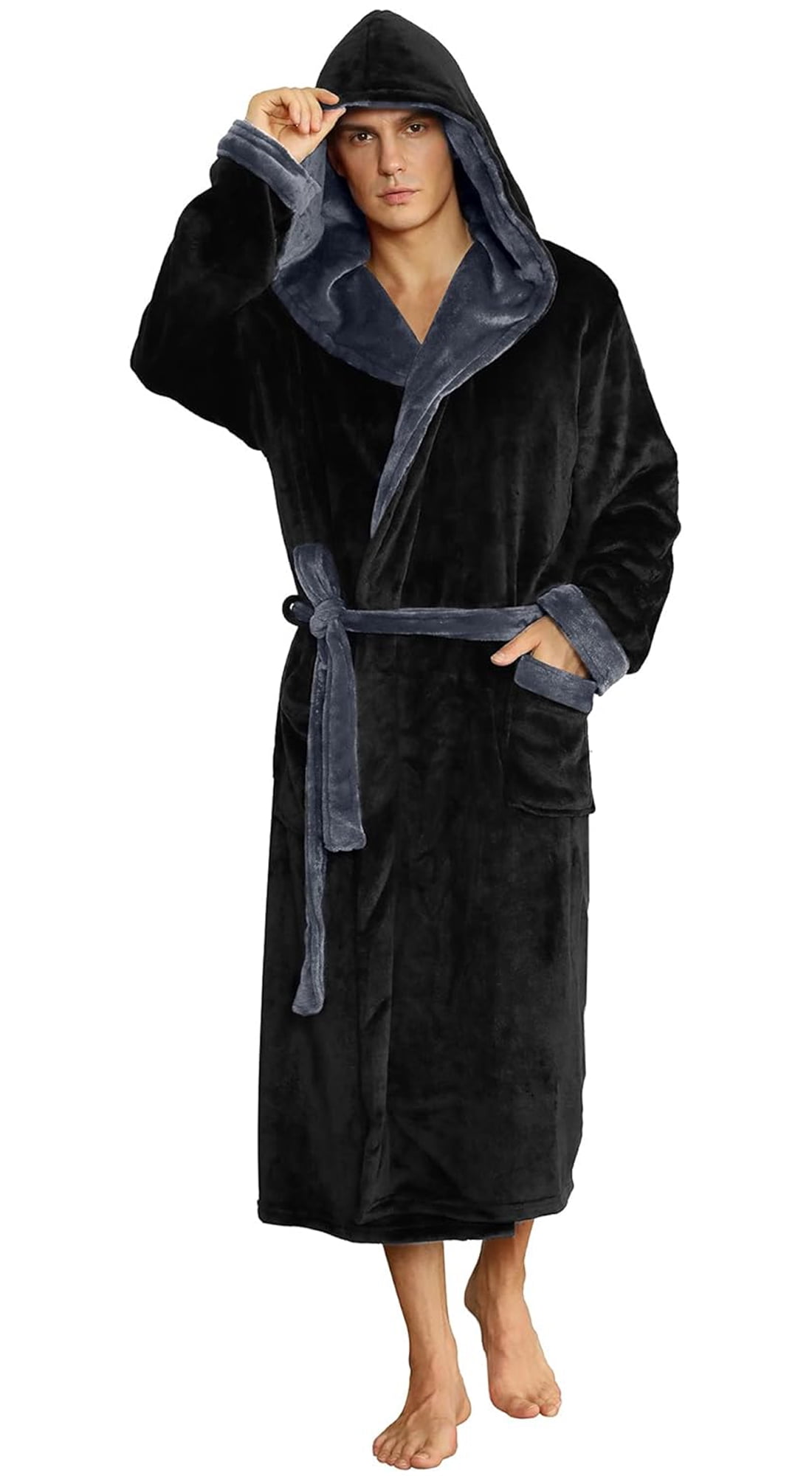 U2SKIIN Mens Fleece Robe with Hood, Mid Length Plush Shawl Collar Two