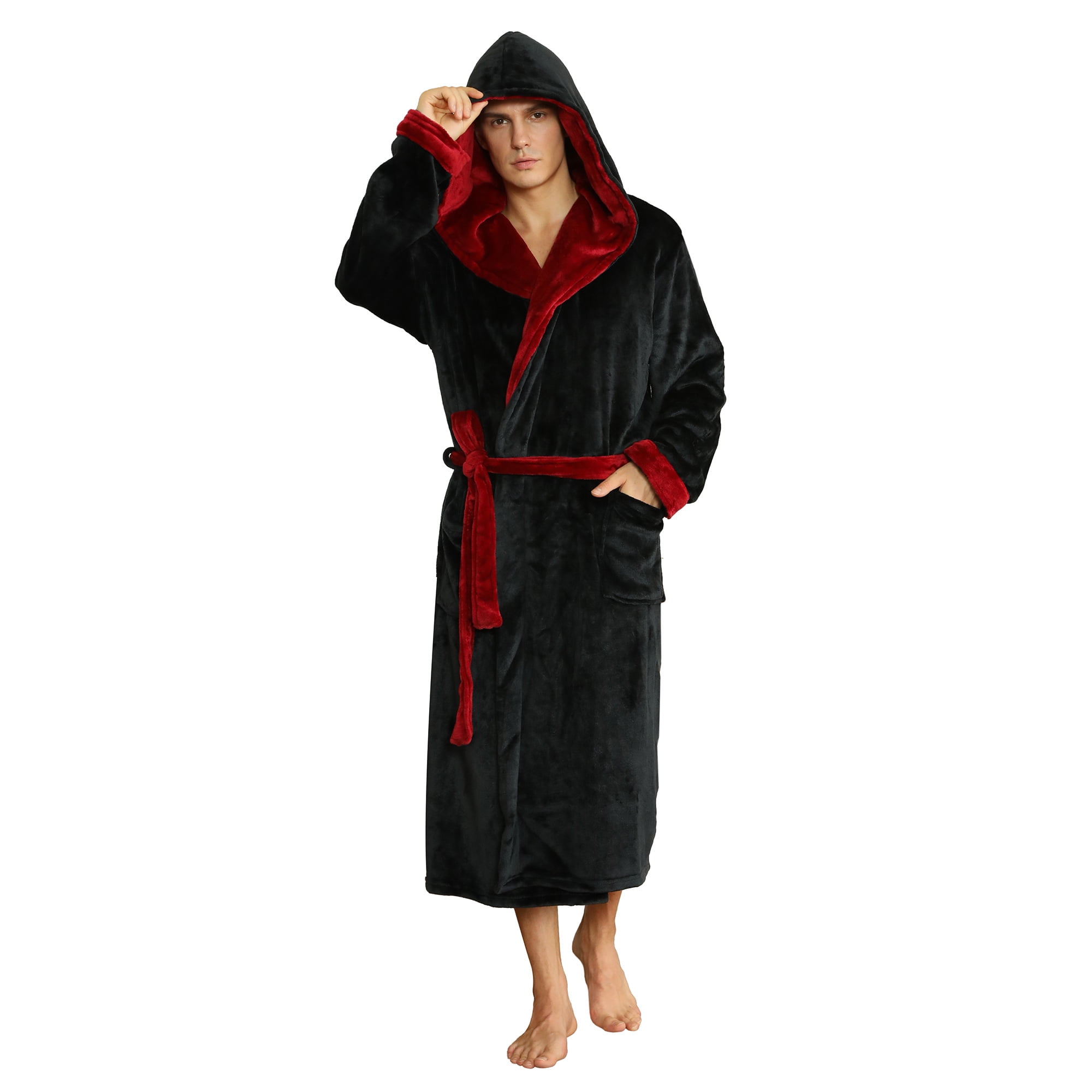 U2SKIIN Mens Fleece Robe with Hood, Mid Length Plush Shawl Collar Two