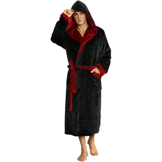 U2SKIIN Mens Fleece Robe with Hood, Mid Length Plush Shawl Collar Two Tone Bathrobe,(Black/Dark