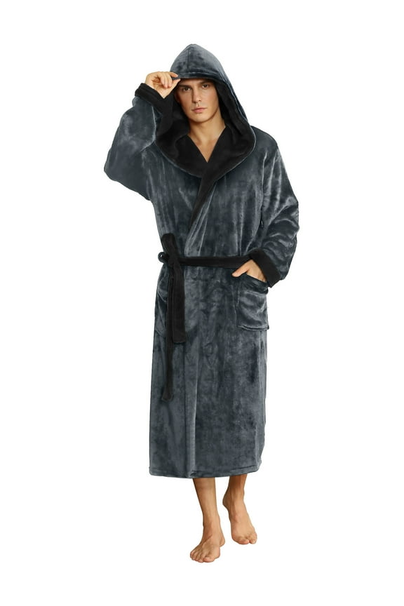 Mens Fleece Robe with Hood, Mid Length Plush Shawl Collar Two Tone Bathrobe,(Dark Grey/Black,S-M)