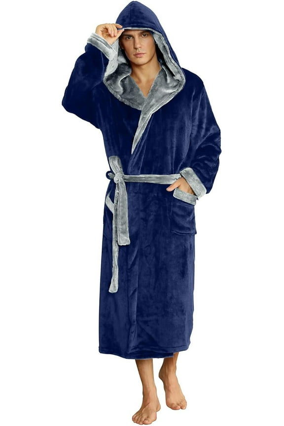 Mens Fleece Robe with Hood, Mid Length Plush Shawl Collar Two Tone Bathrobe,(Navy/Light Grey, 2XL/3XL）