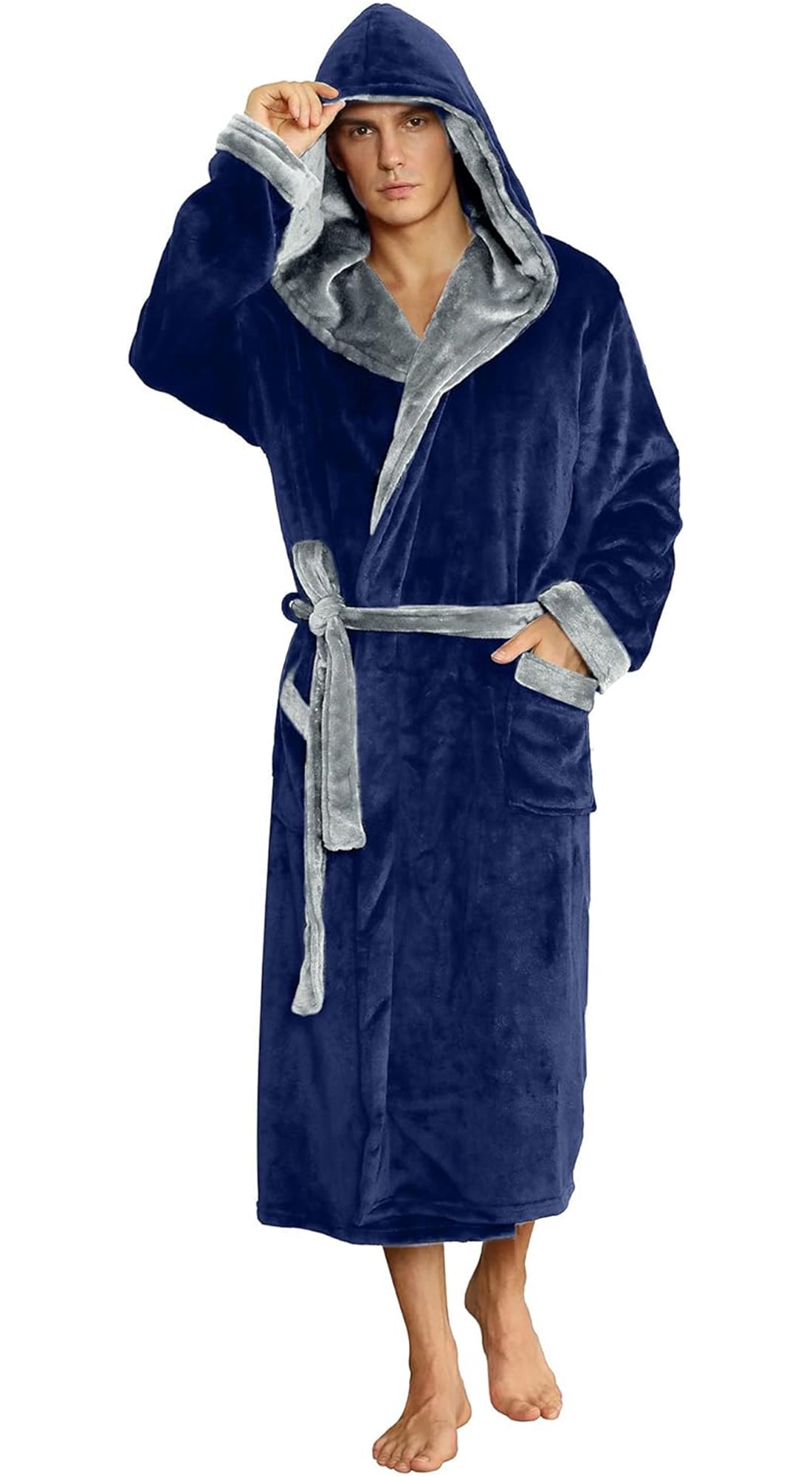 U2SKIIN Mens Fleece Robe with Hood, Mid Length Plush Shawl Collar Two