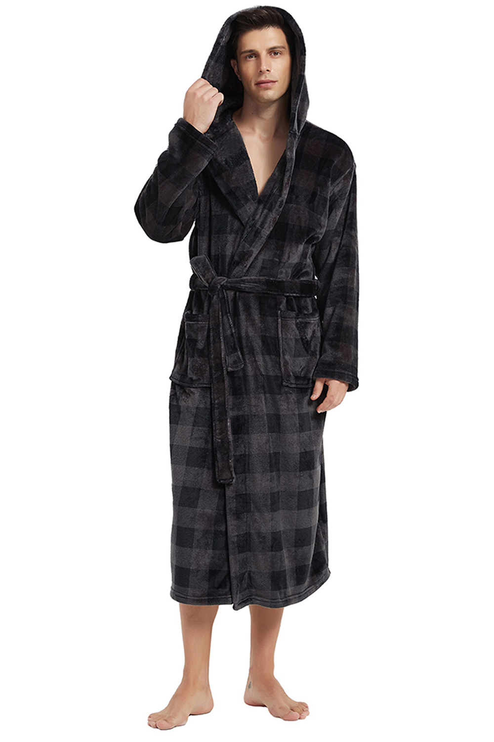 VULCANODON Mens Robe with Hood, Fleece Bathrobe Plush Robes for Men