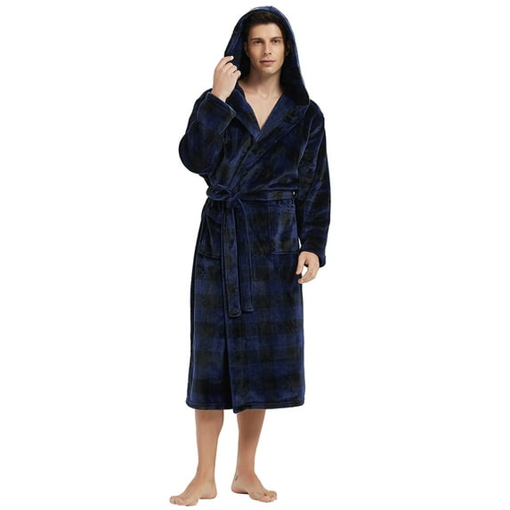 U2SKIIN Mens Fleece Robe with Hood, Soft Bathrobe Plush Robes for Men(Buffalo Plaid-Navy,XX-3X-Large)