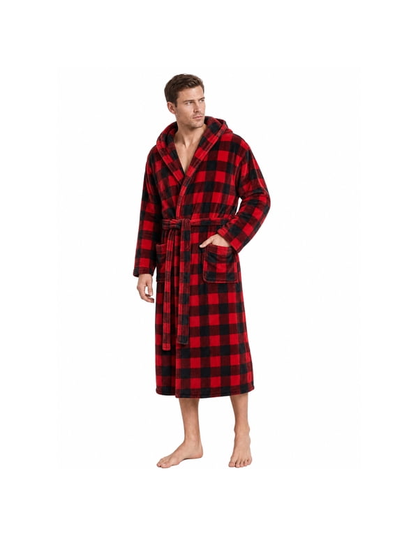 Mens Fleece Robe with Hood, Soft Bathrobe Plush Robes for Men(Buffalo Plaid-Red,Large-X-Large)