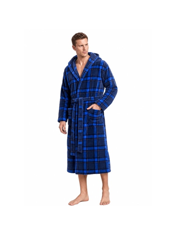 Mens Fleece Robe with Hood, Soft Bathrobe Plush Robes for Men(Royal Blue,Large-X-Large)