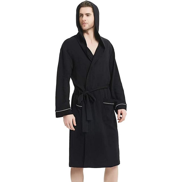 U2SKIIN Mens Hooded Cotton Robe, Lightweight Knit Bathrobe,(Black