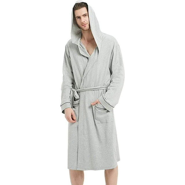 U2SKIIN Mens Hooded Cotton Robe, Lightweight Knit Bathrobe,(Light Grey