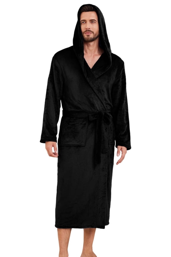 Mens Hooded Fleece Robe,Plush Lightweight Soft Spa Bathrobe for Men (Black, 2XL/3XL)