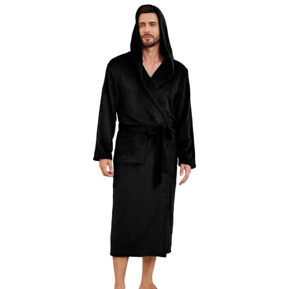 U2SKIIN Mens Hooded Fleece Robe，Plush Lightweight Soft Spa Bathrobe for Men (Black, L/XL)