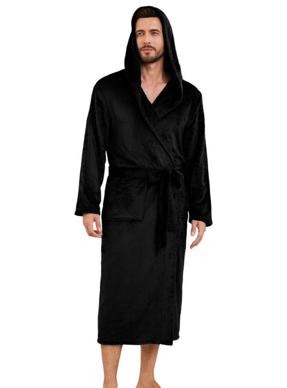 Mens Hooded Fleece Robe，Plush Lightweight Soft Spa Bathrobe for Men (Black, L/XL)