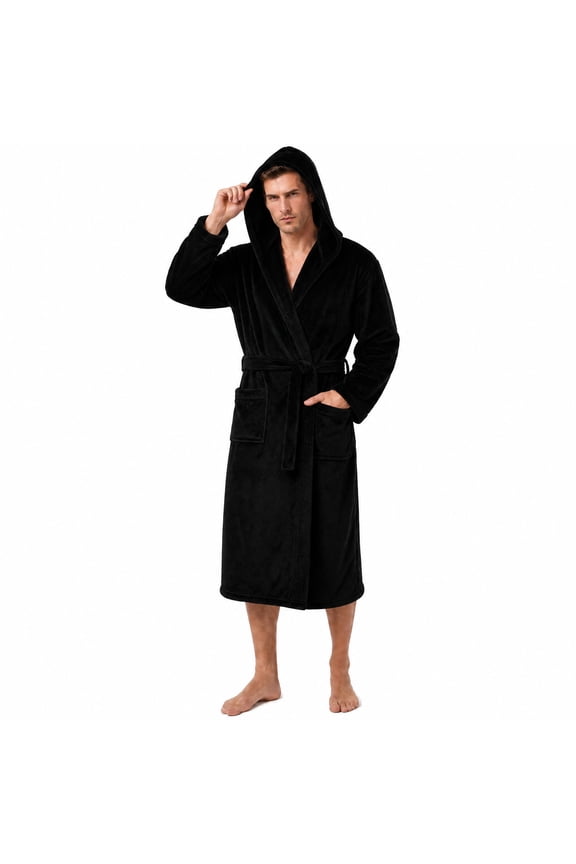 Mens Hooded Fleece Robe,Plush Lightweight Soft Spa Bathrobe for Men (Black, L/XL)