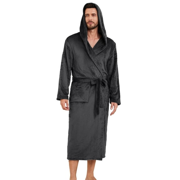 U2SKIIN Mens Hooded Fleece Robe，Plush Lightweight Soft Spa Bathrobe for Men (Dark Grey, L/XL)