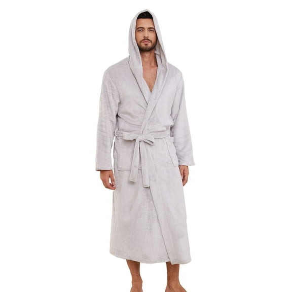 U2SKIIN Mens Hooded Fleece Robe，Plush Lightweight Soft Spa Bathrobe for Men (Light Grey, 2XL/3XL)