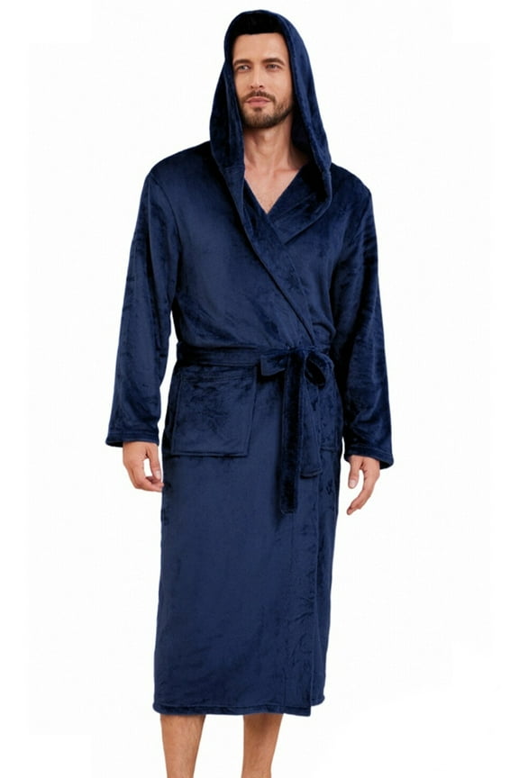 Mens Hooded Fleece Robe,Plush Lightweight Soft Spa Bathrobe for Men (Navy, L/XL)