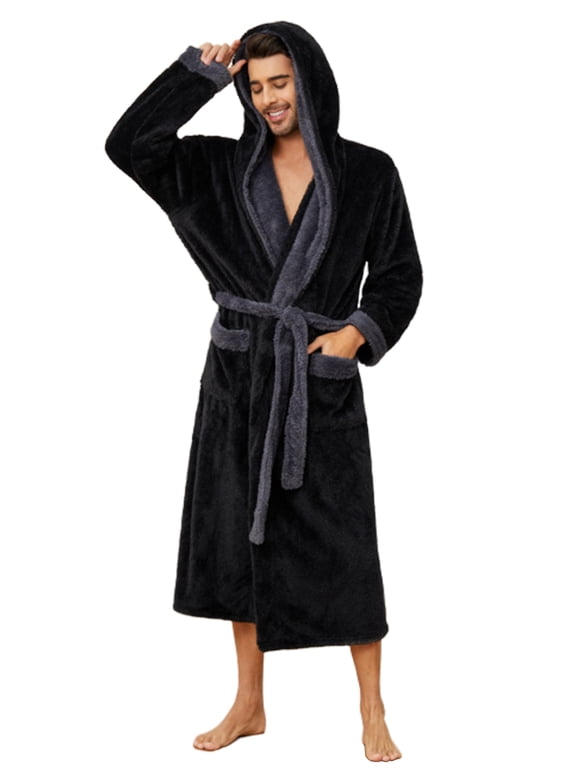 Mens Hooded Robe, Big and Tall Full Length Plush Robe for Men Long Fleece Bathrobe(Black/Dark Grey, L/XL)