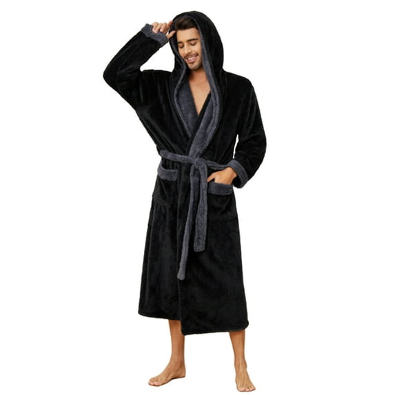 U2SKIIN Mens Hooded Robe, Big and Tall Full Length Plush Robe for Men Long Fleece Bathrobe(Black/Dark Grey, S/M)