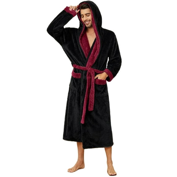 U2SKIIN Mens Hooded Robe, Big and Tall Full Length Plush Robe for Men Long Fleece Bathrobe(Burgundy/Black, 2XL/3XL)