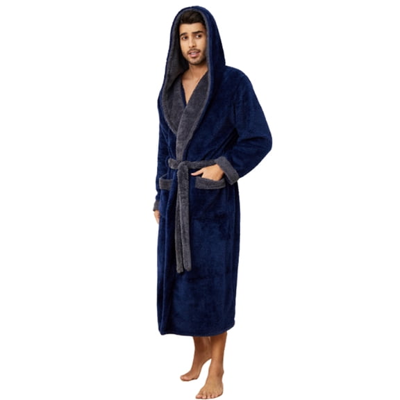 U2SKIIN Mens Hooded Robe, Big and Tall Full Length Plush Robe for Men Long Fleece Bathrobe(Navy/Grey, L/XL)