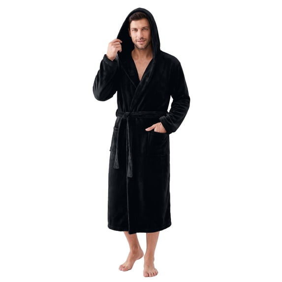 U2SKIIN Mens Hooded Robe, Plush Soft Warm Mid Length Fleece Bathrobe for Men (Black Hooded,S-M)