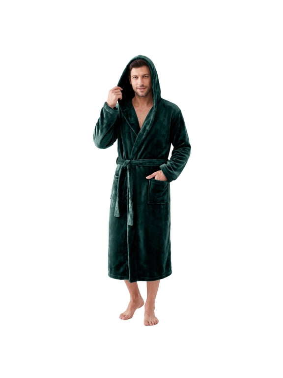 Mens Hooded Robe, Plush Soft Warm Mid Length Fleece Bathrobe for Men,(Dark Green,L-XL)