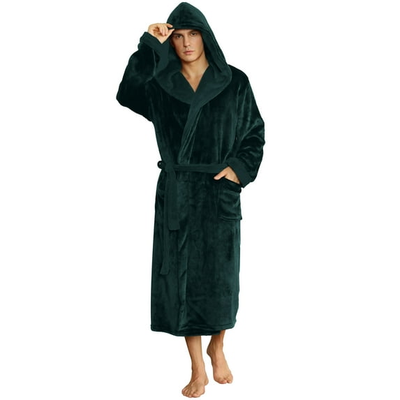U2SKIIN Mens Hooded Robe, Plush Soft Warm Mid Length Fleece Bathrobe for Men,(Dark Green,S-M)